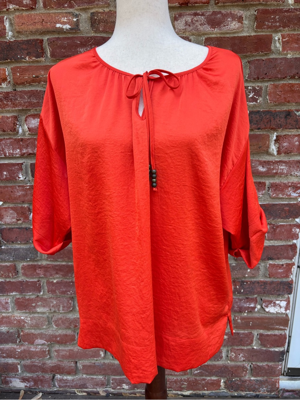 Ruby Rd. Women’s Size 14 Bright Red Orange Satin Tunic Blouse Roll Tab Sleeve